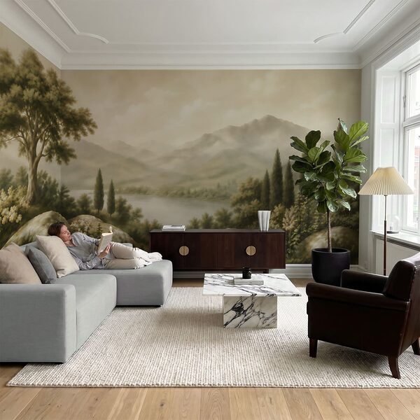 Painting of a lake and mountains