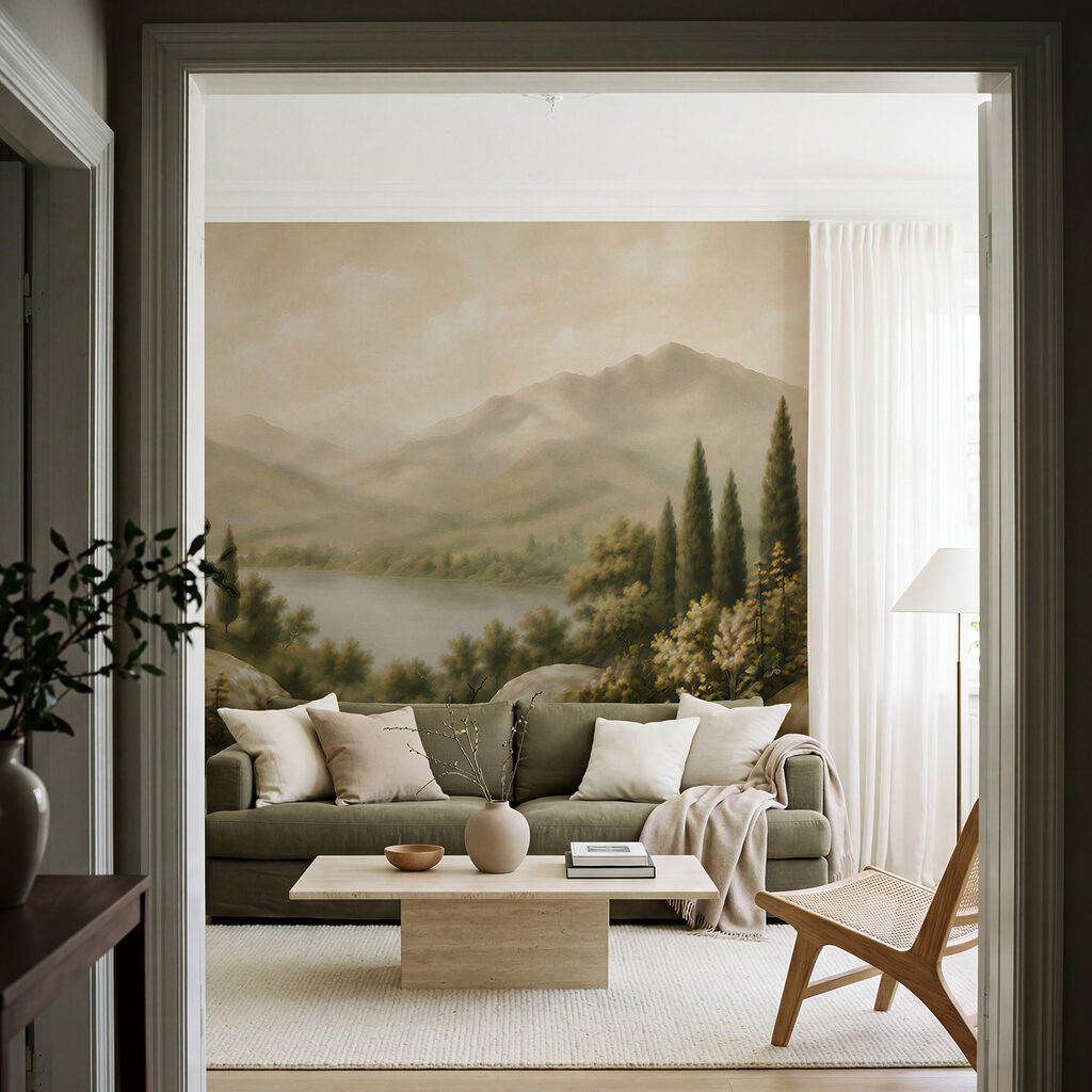 Painting of a lake and mountains