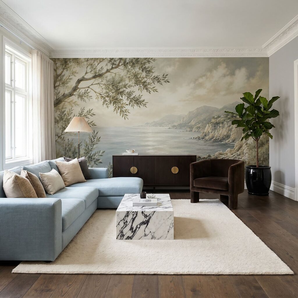 Painting of a body of water and a tree Painting of a body of water and a tree