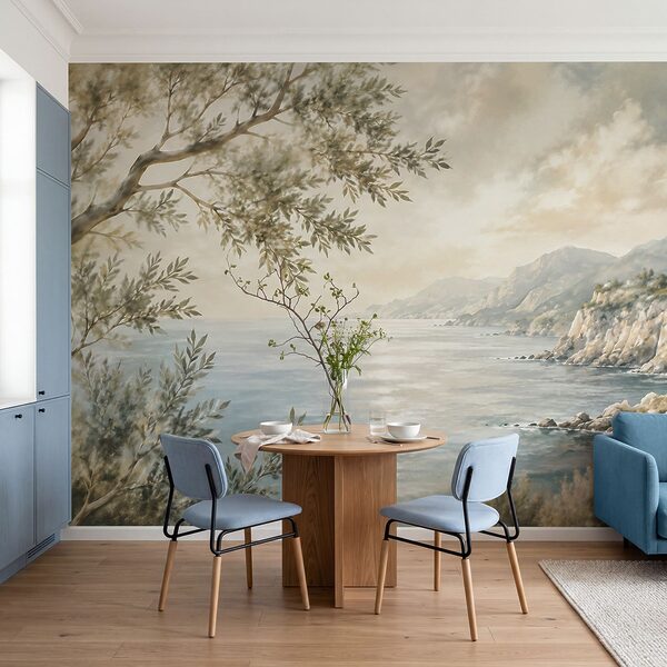 Painting of a body of water and a tree Painting of a body of water and a tree