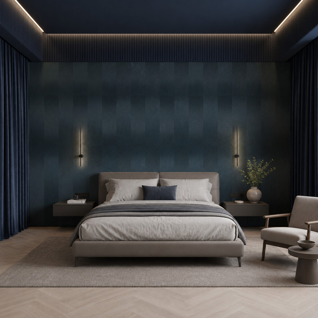 Blue and grey striped wall