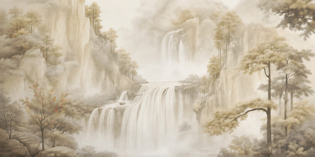 Waterfall in a foggy landscape Waterfall in a foggy landscape