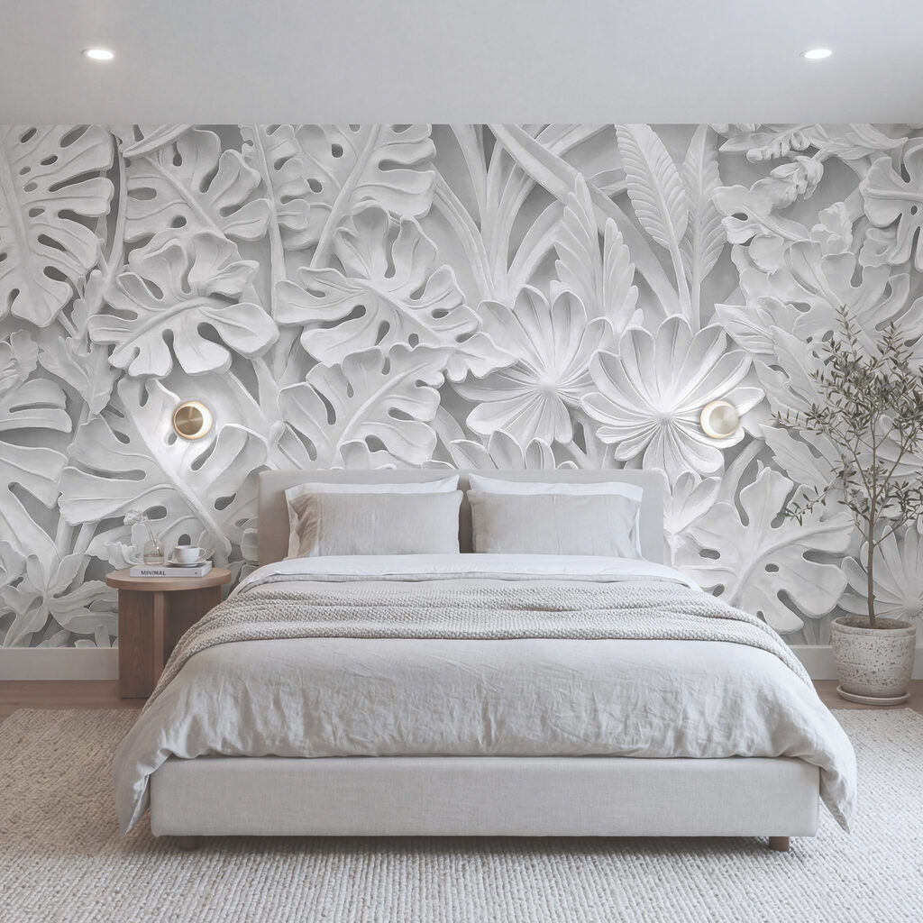 White wall with flowers and leaves