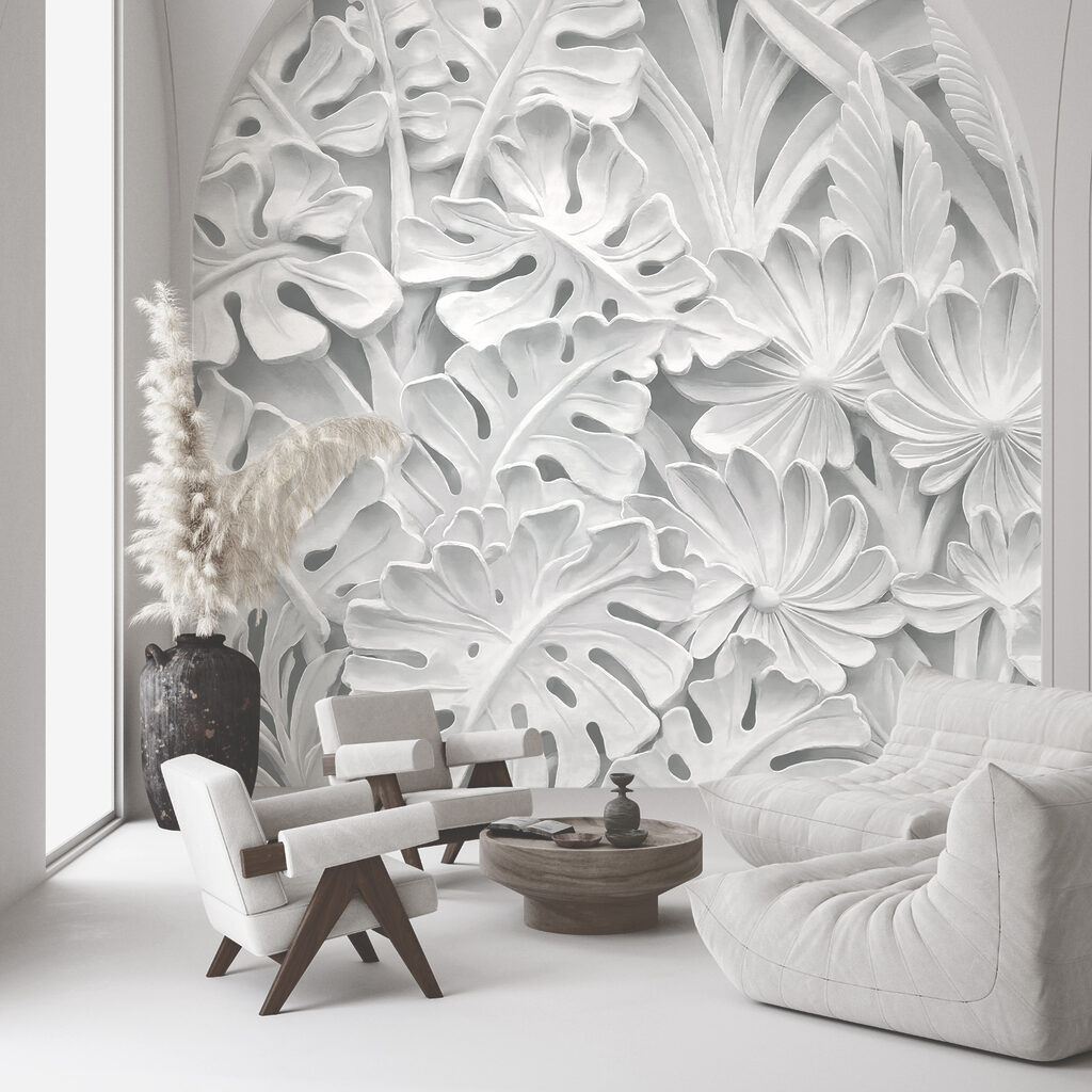 White wall with flowers and leaves