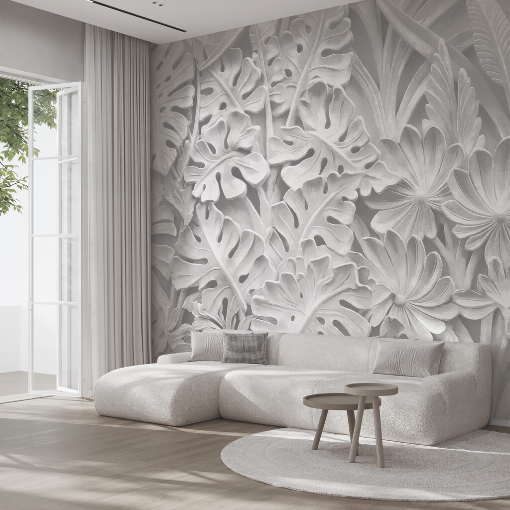 White wall with flowers and leaves