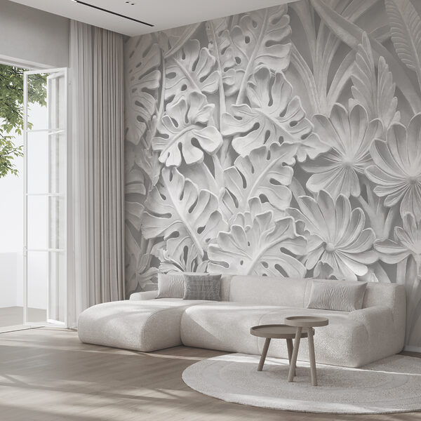 White wall with flowers and leaves