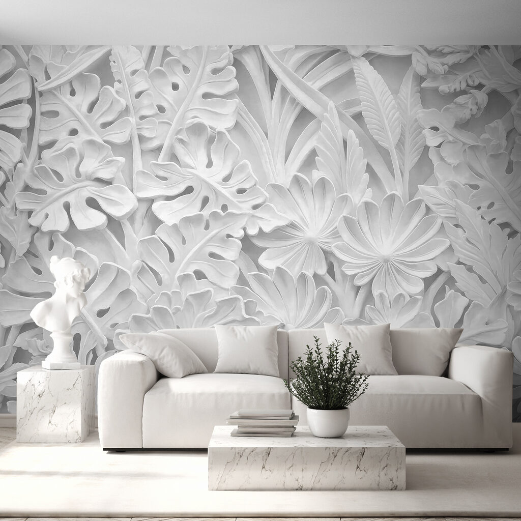 White wall with flowers and leaves