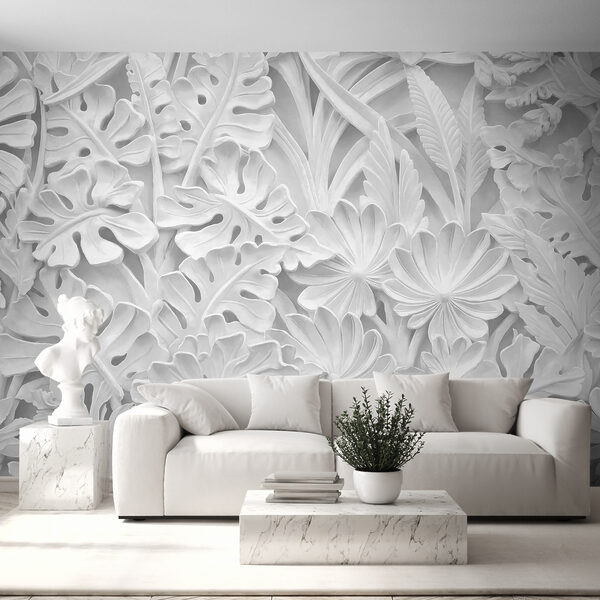 White wall with flowers and leaves