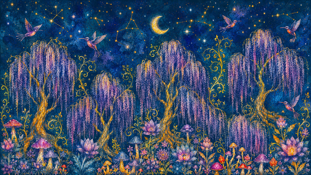 Painting of a forest with birds and flowers Painting of a forest with birds and flowers