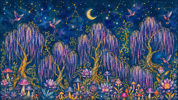 Painting of a forest with birds and flowers Painting of a forest with birds and flowers