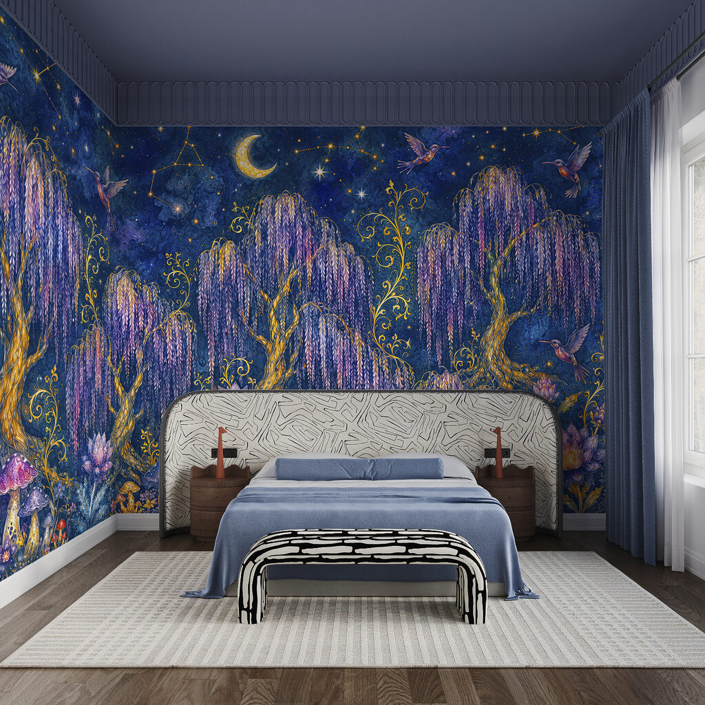 Painting of a forest with birds and flowers Painting of a forest with birds and flowers