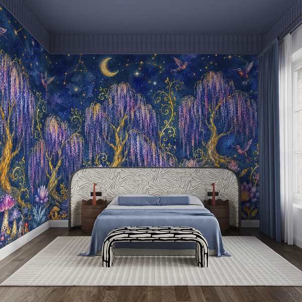 Painting of a forest with birds and flowers Painting of a forest with birds and flowers