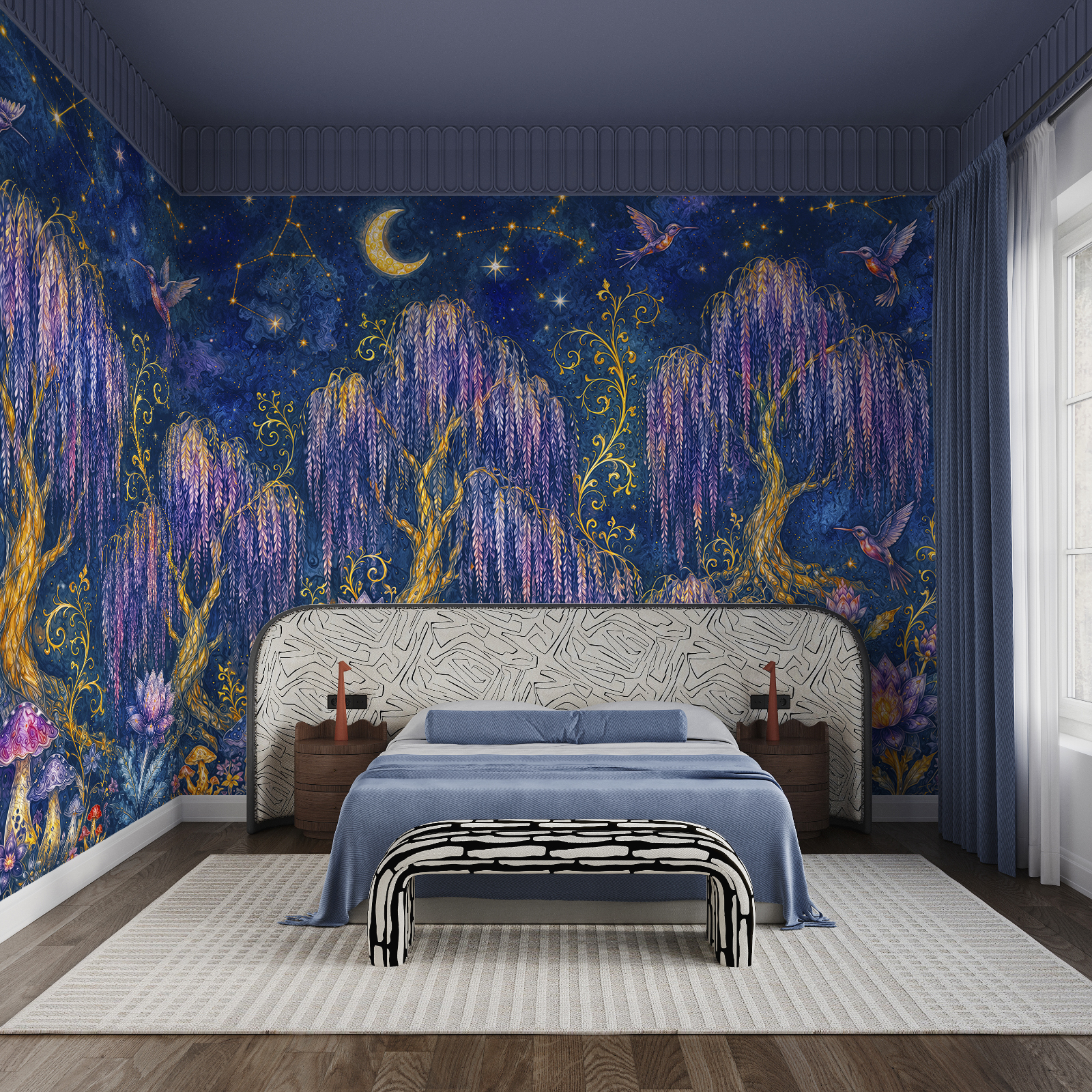 Painting of a forest with birds and flowers Painting of a forest with birds and flowers
