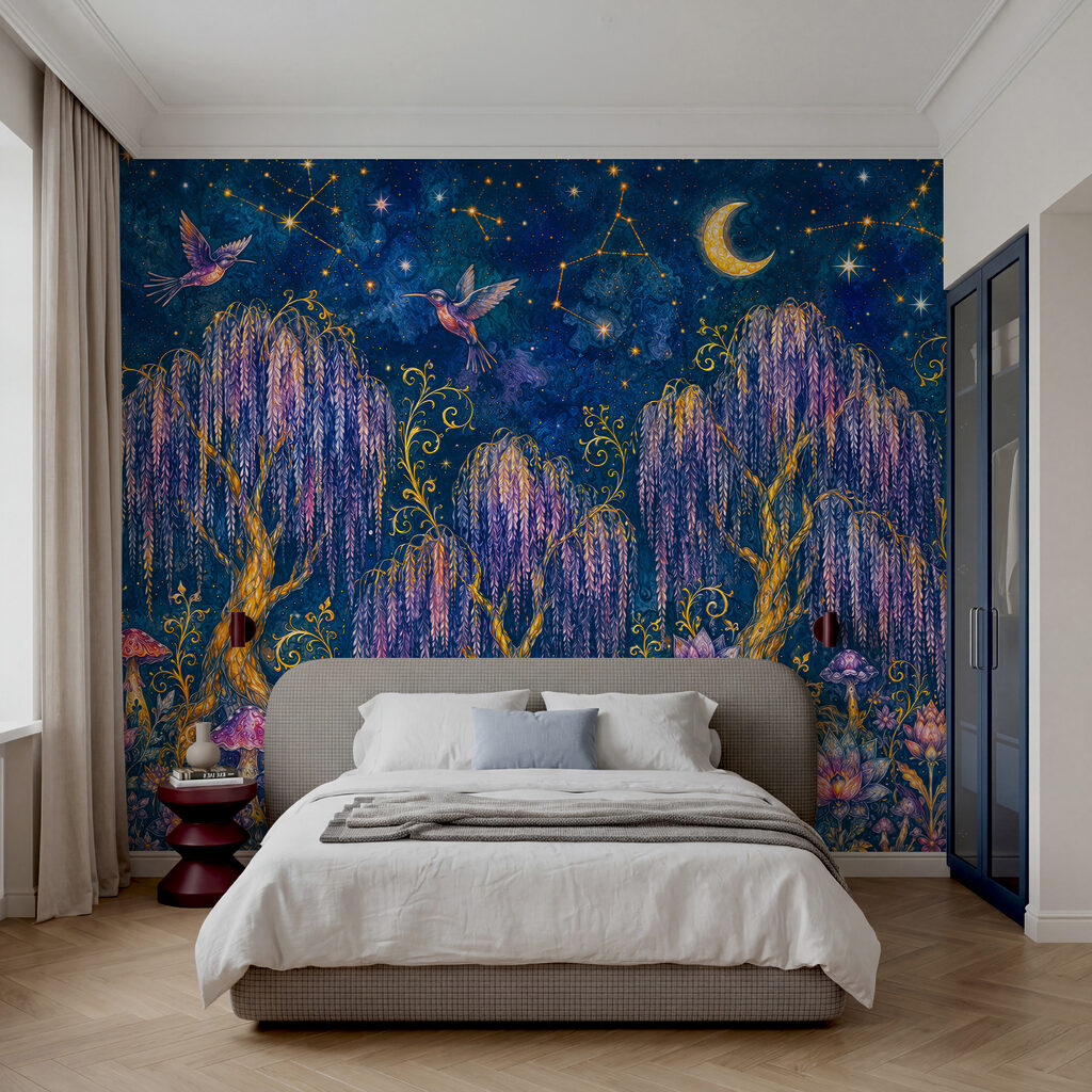 Painting of a forest with birds and flowers Painting of a forest with birds and flowers