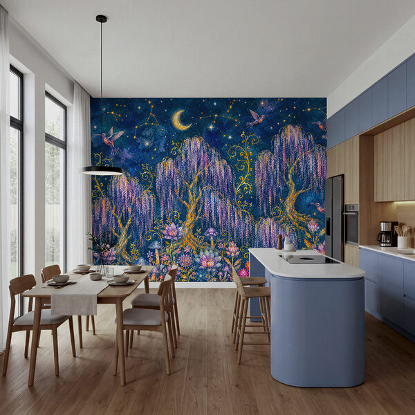 Painting of a forest with birds and flowers Painting of a forest with birds and flowers