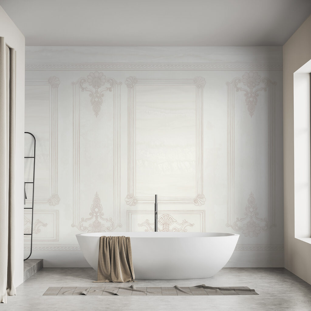 White wall with ornate designs White wall with ornate designs