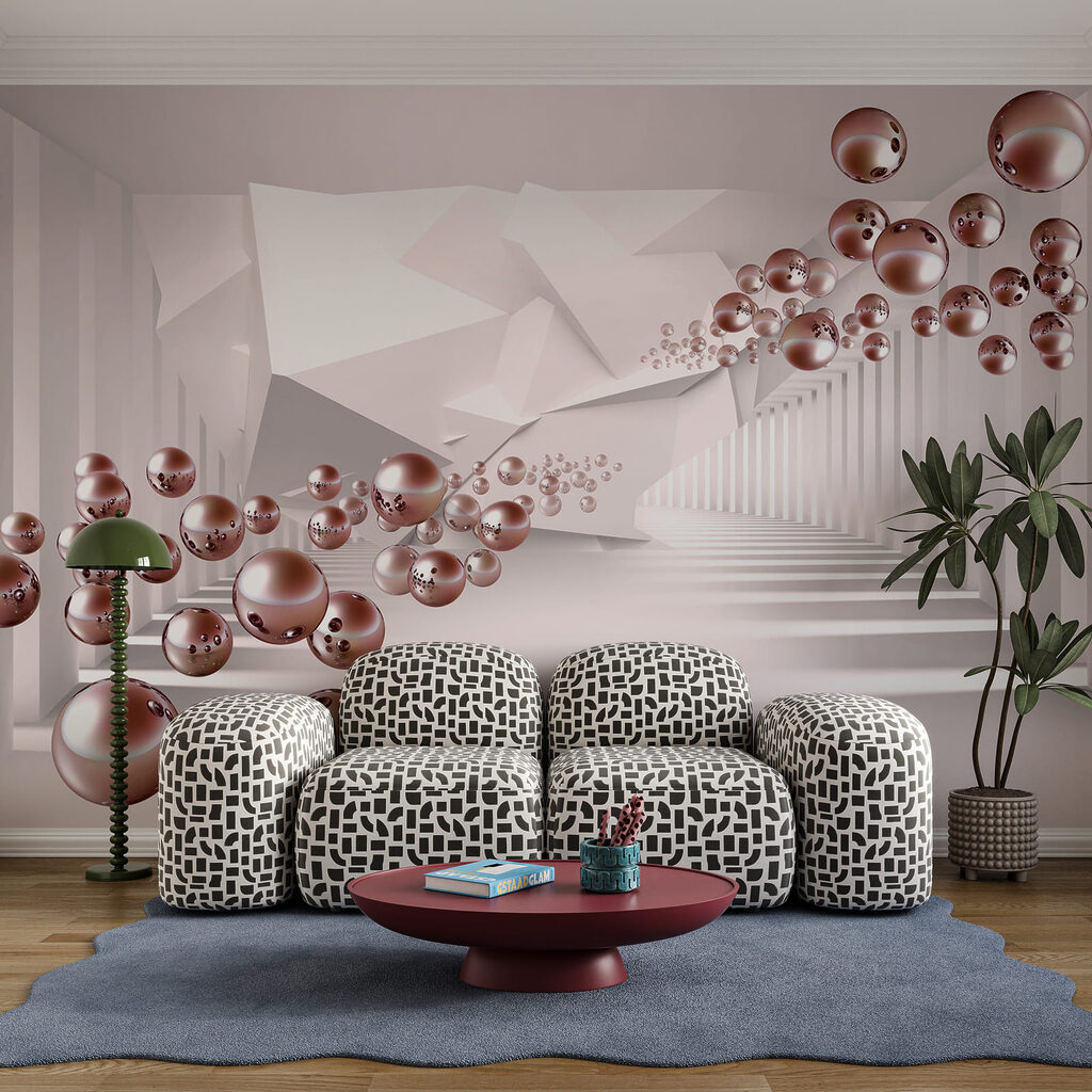 White room with pink balls