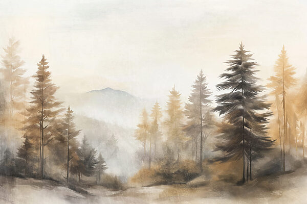 Painting of trees in a foggy forest Painting of trees in a foggy forest