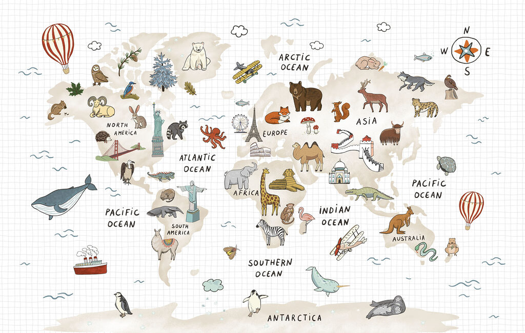 Map of the world with animals Map of the world with animals