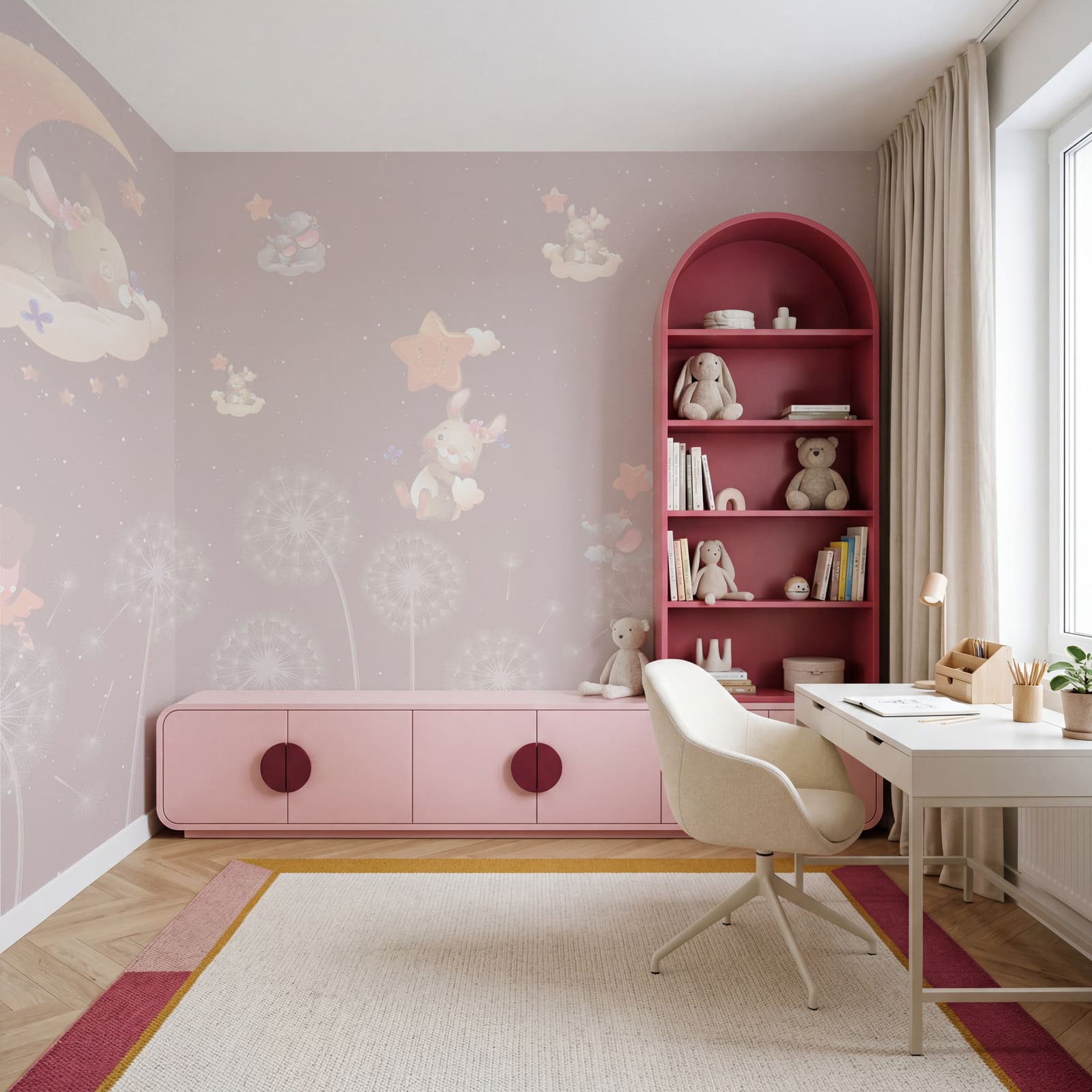 Wallpaper with rabbits and dandelions