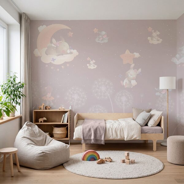 Wallpaper with rabbits and dandelions