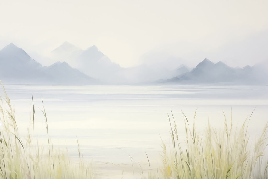 Foggy landscape with mountains and water Foggy landscape with mountains and water