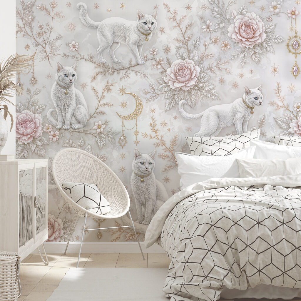 Wallpaper with white cats and flowers Wallpaper with white cats and flowers