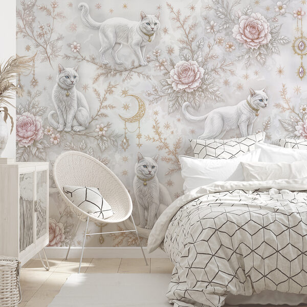 Wallpaper with white cats and flowers Wallpaper with white cats and flowers