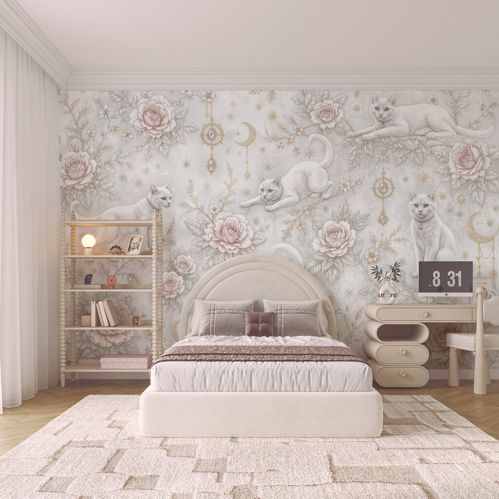 Wallpaper with white cats and flowers Wallpaper with white cats and flowers