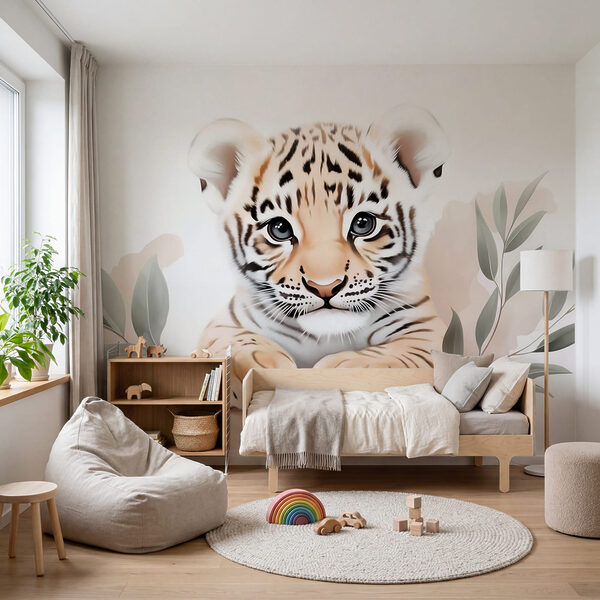 Tiger cub with leaves Wall mural Tiger cub with leaves