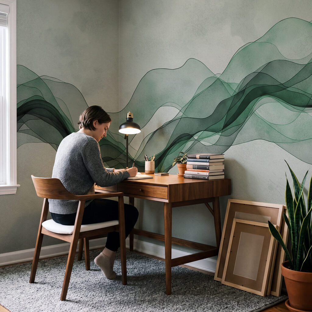 Green wavy lines on a white background
