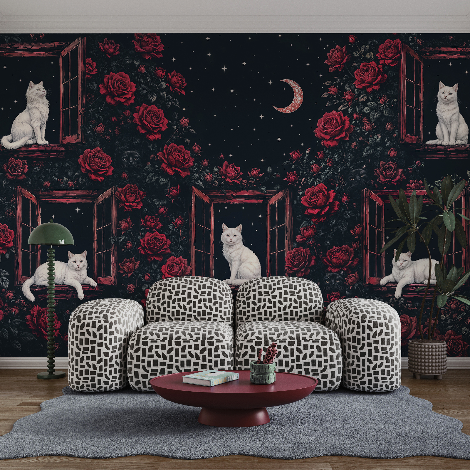 Group of cats sitting on windows in roses