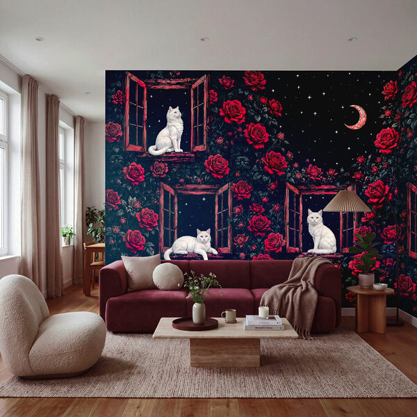 Group of cats sitting on windows in roses