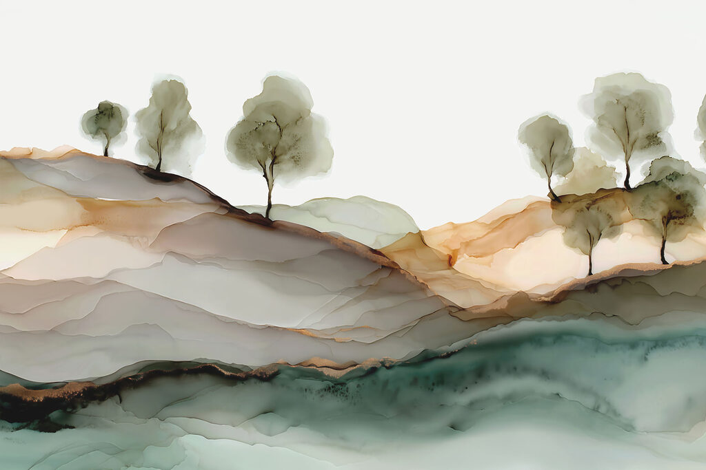 Painting of trees on a hill