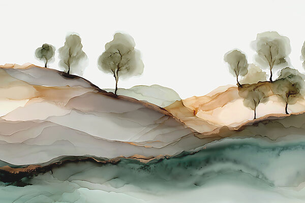 Painting of trees on a hill