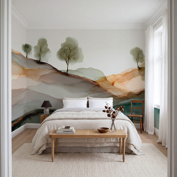 Painting of trees on a hill Wall mural Painting of trees on a hill