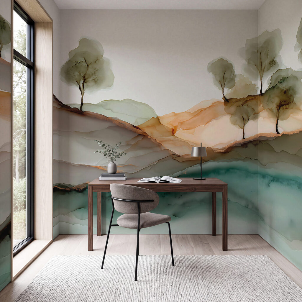 Painting of trees on a hill