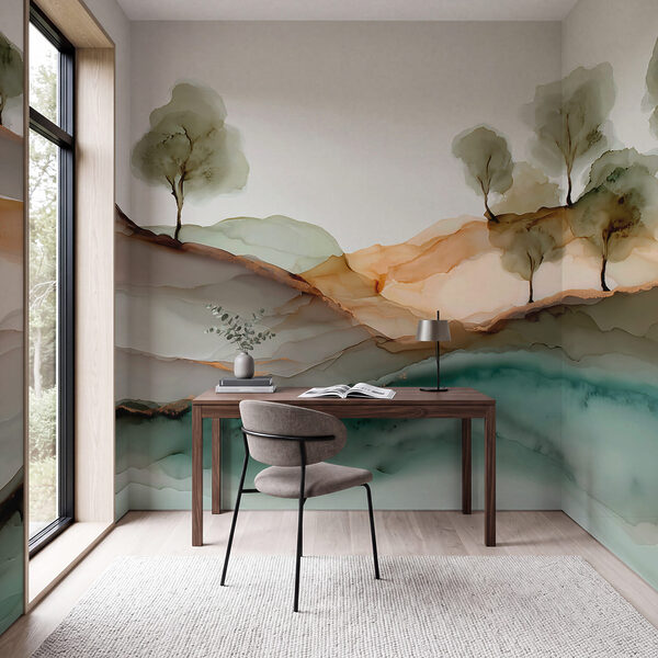Painting of trees on a hill