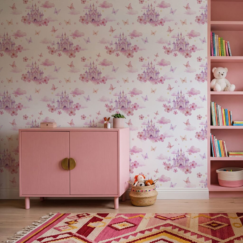Pattern of pink and purple butterflies and a castle