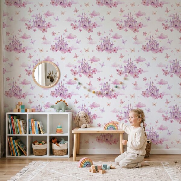 Pattern of pink and purple butterflies and a castle