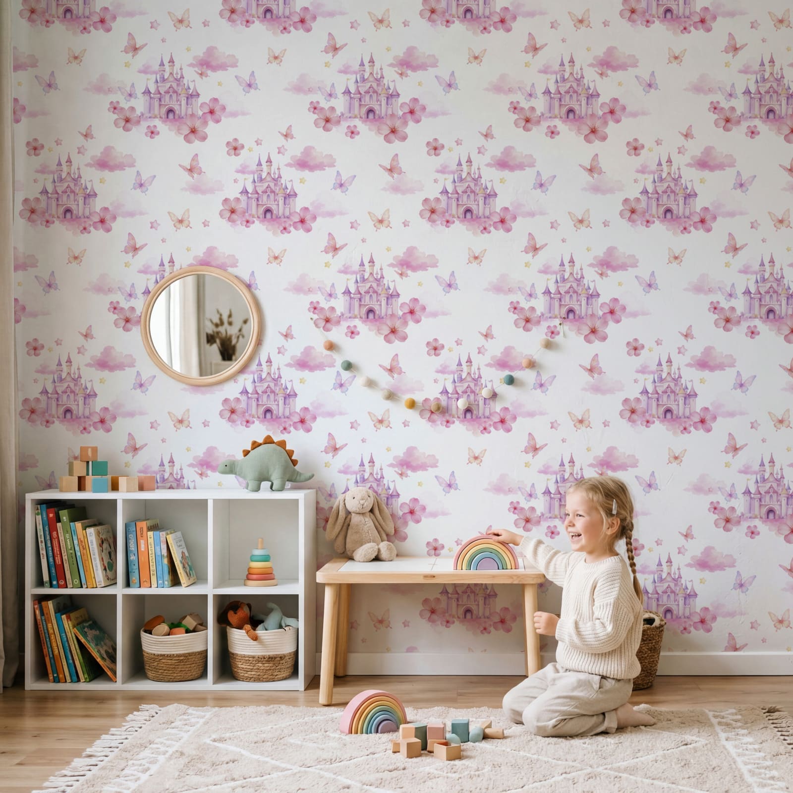 Pattern of pink and purple butterflies and a castle