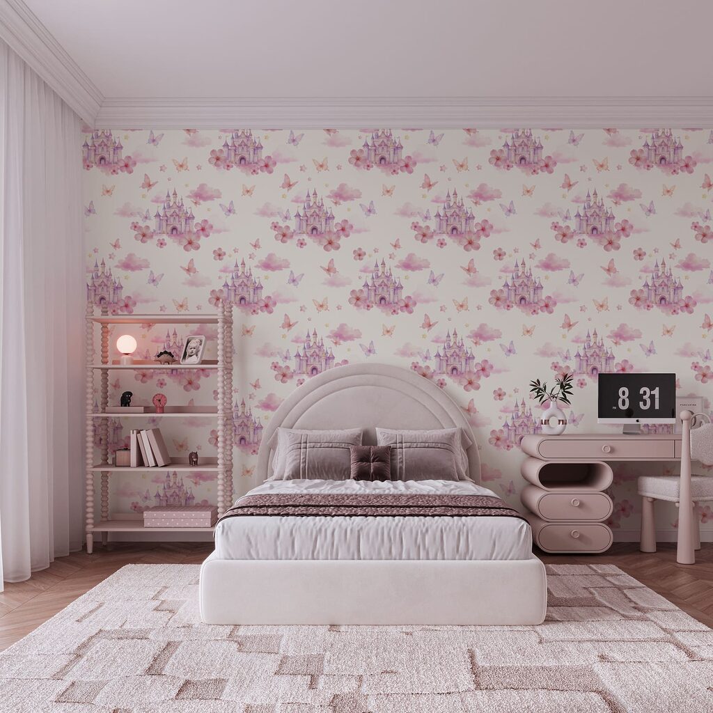 Pattern of pink and purple butterflies and a castle