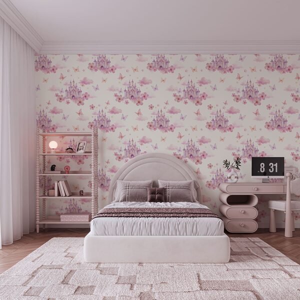 Pattern of pink and purple butterflies and a castle