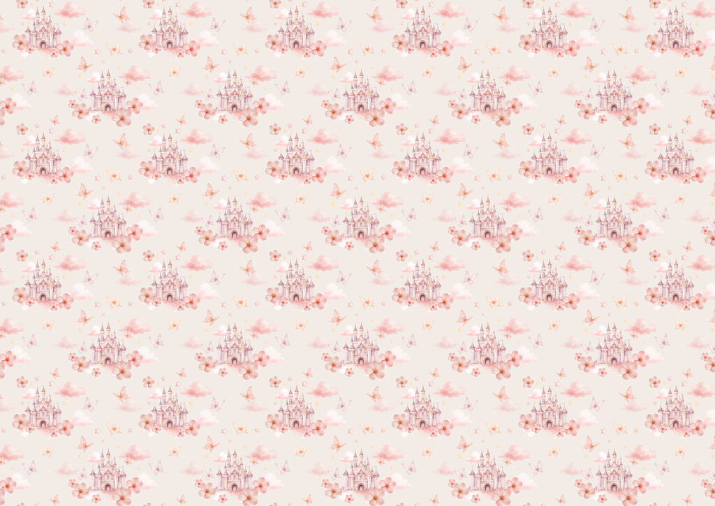 Pattern of pink butterflies and a castle Pattern of pink butterflies and a castle