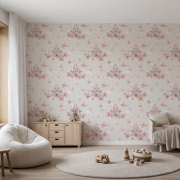 Pattern of pink butterflies and a castle Pattern of pink butterflies and a castle