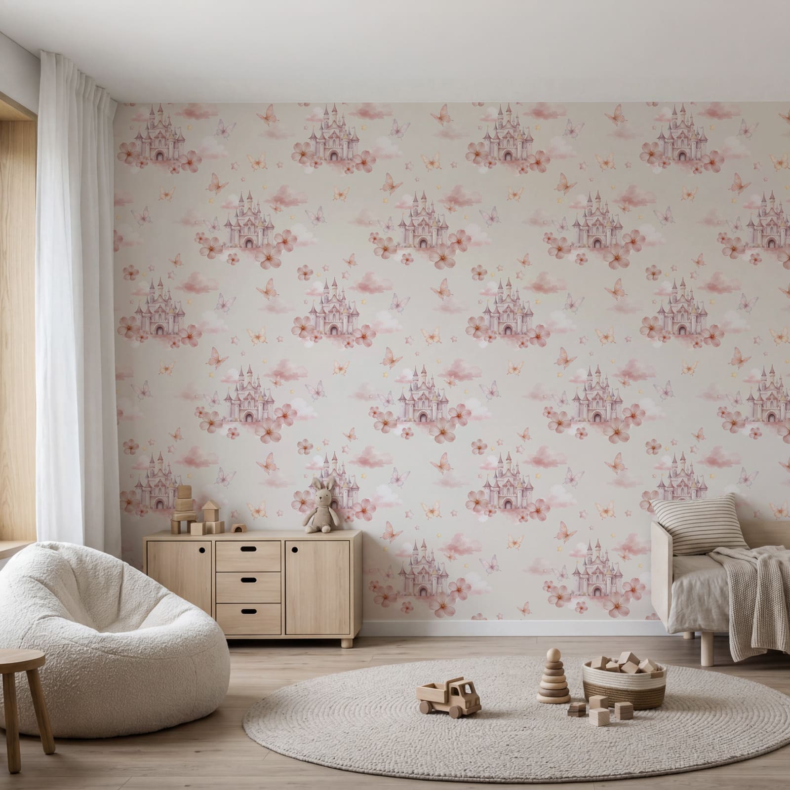 Pattern of pink butterflies and a castle Pattern of pink butterflies and a castle