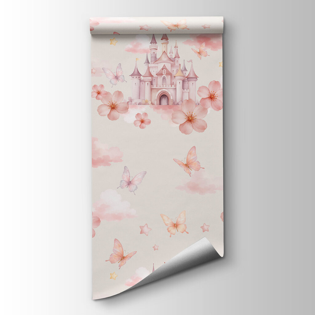 Pattern of pink butterflies and a castle Pattern of pink butterflies and a castle
