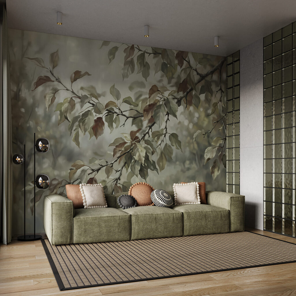 Painting of a tree branch with leaves
