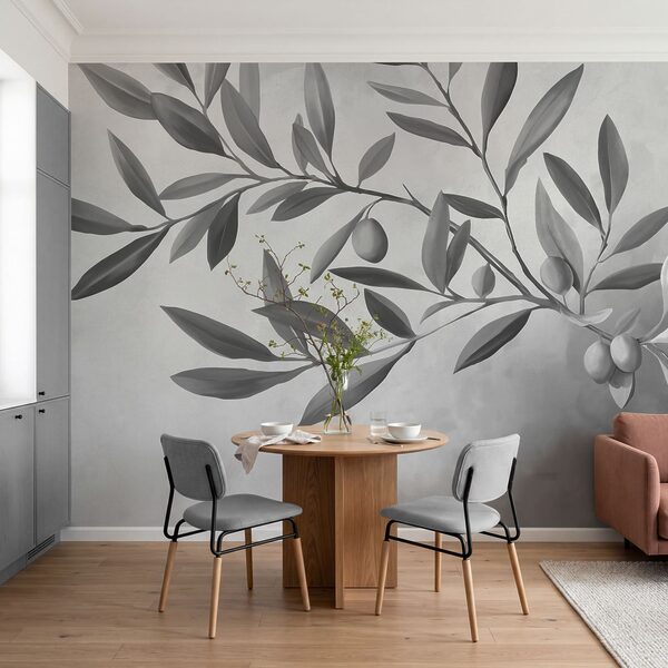 Black and white image of a branch with leaves and fruits Black and white image of a branch with leaves and fruits