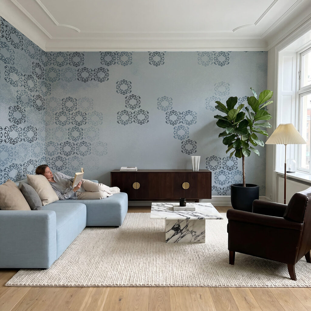 Blue background with black and white patterns